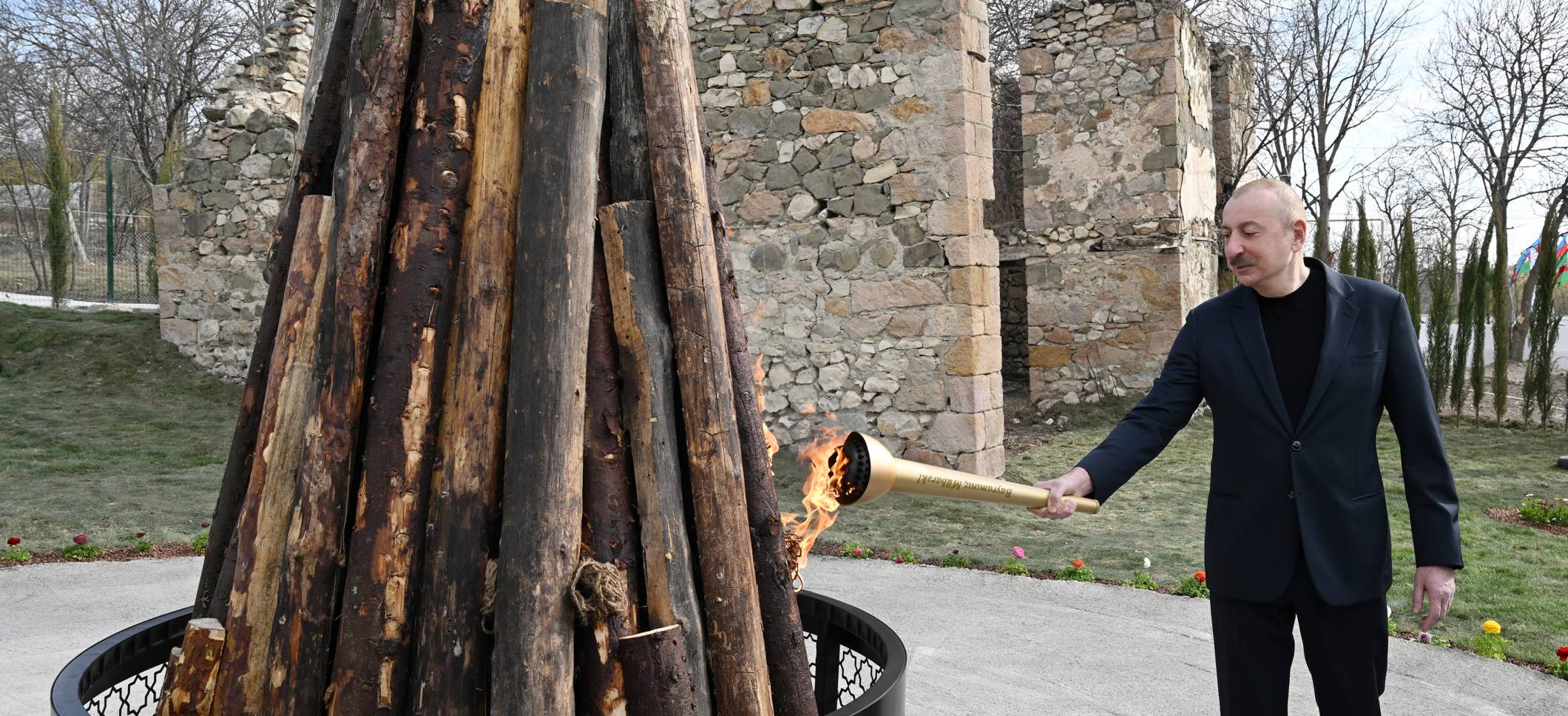 Ilham Aliyev and First Lady Mehriban Aliyeva lit Novruz bonfire together with residents of Hasanriz village in Aghdara