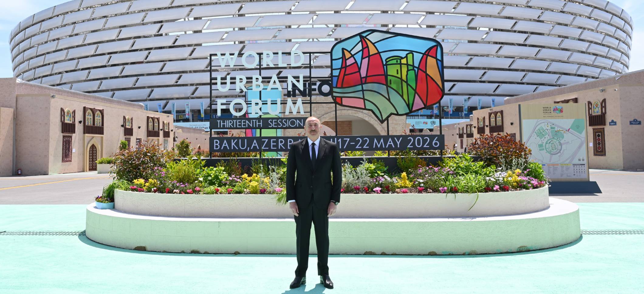 Ilham Aliyev reviews preparations for WUF13 at Baku Olympic Stadium