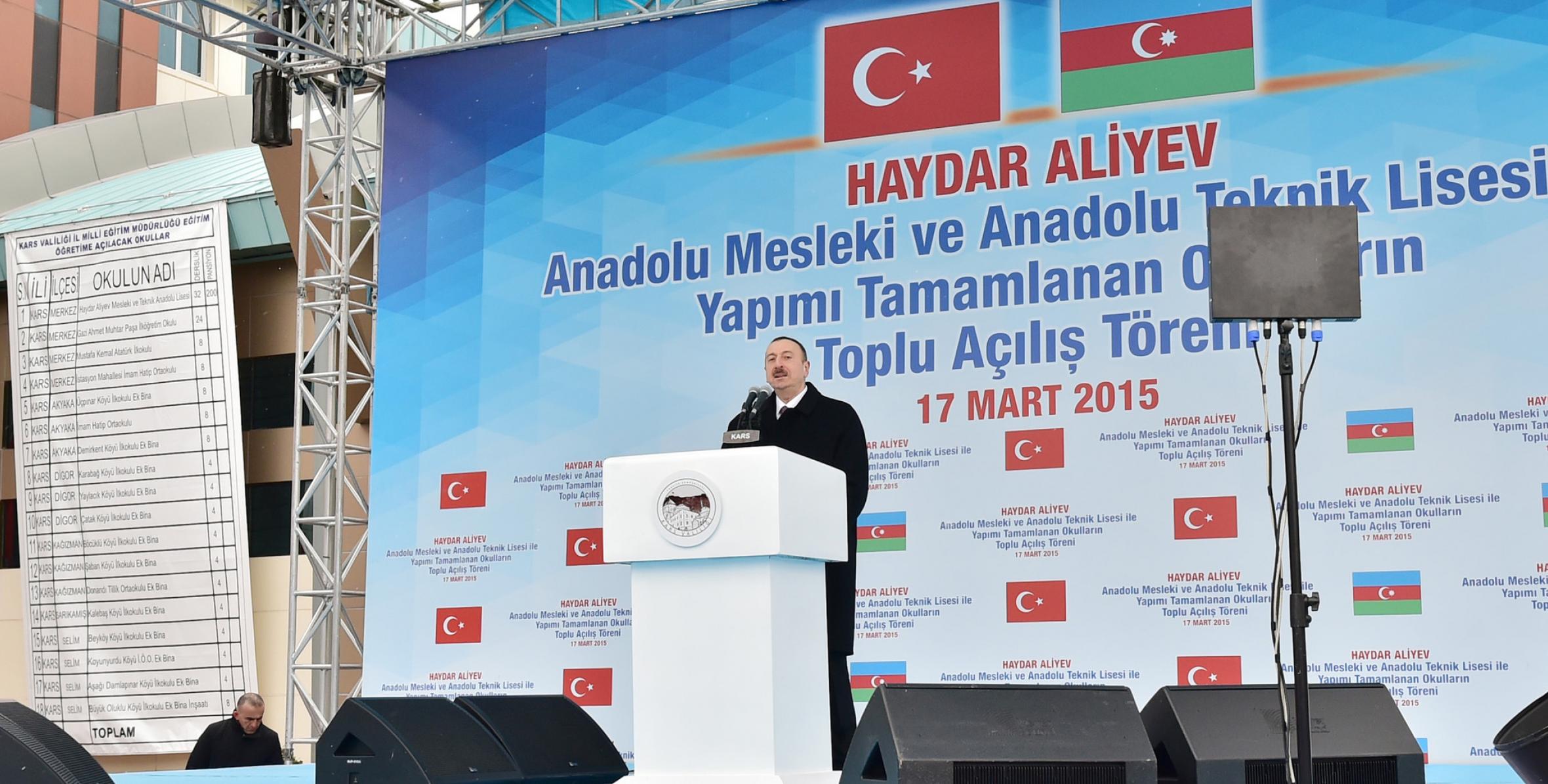 Speech by Ilham Aliyev at the opening of Anadolu technical-vocational lyceum named after Heydar Aliyev in Kars