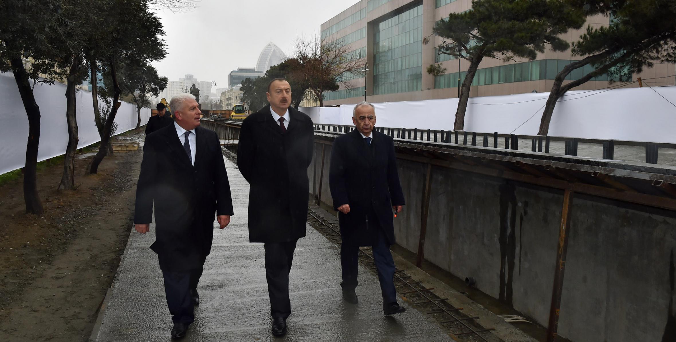 Ilham Aliyev reviewed construction progress at a fountain and waterfall complex in Khatai District