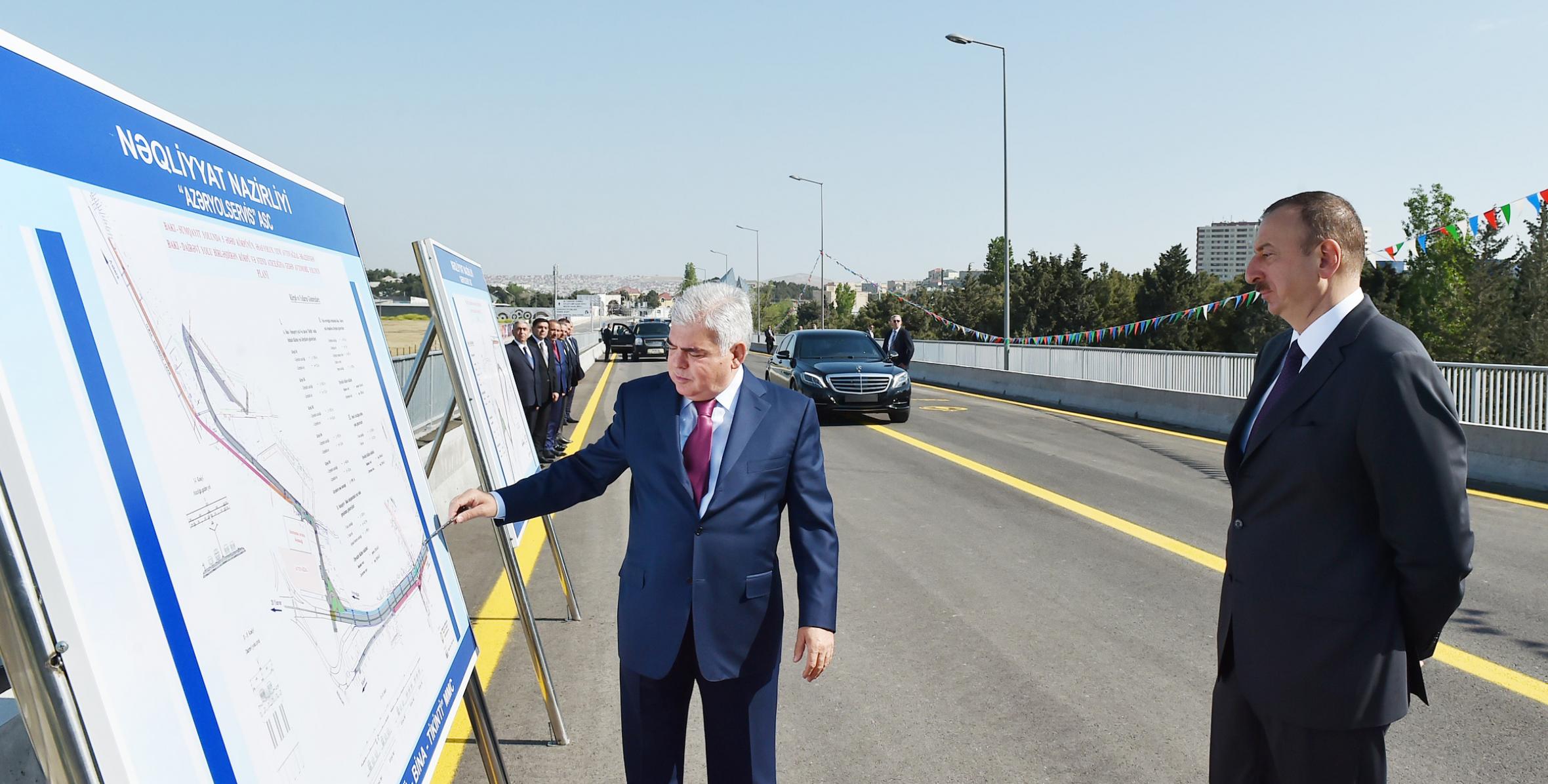 Ильхам Алиев принял участие в открытии моста, соединяющего территорию Международного автовокзала с Бакинской окружной дорогой, и дороги, ведущей к Комплексу стендовой стрельбы