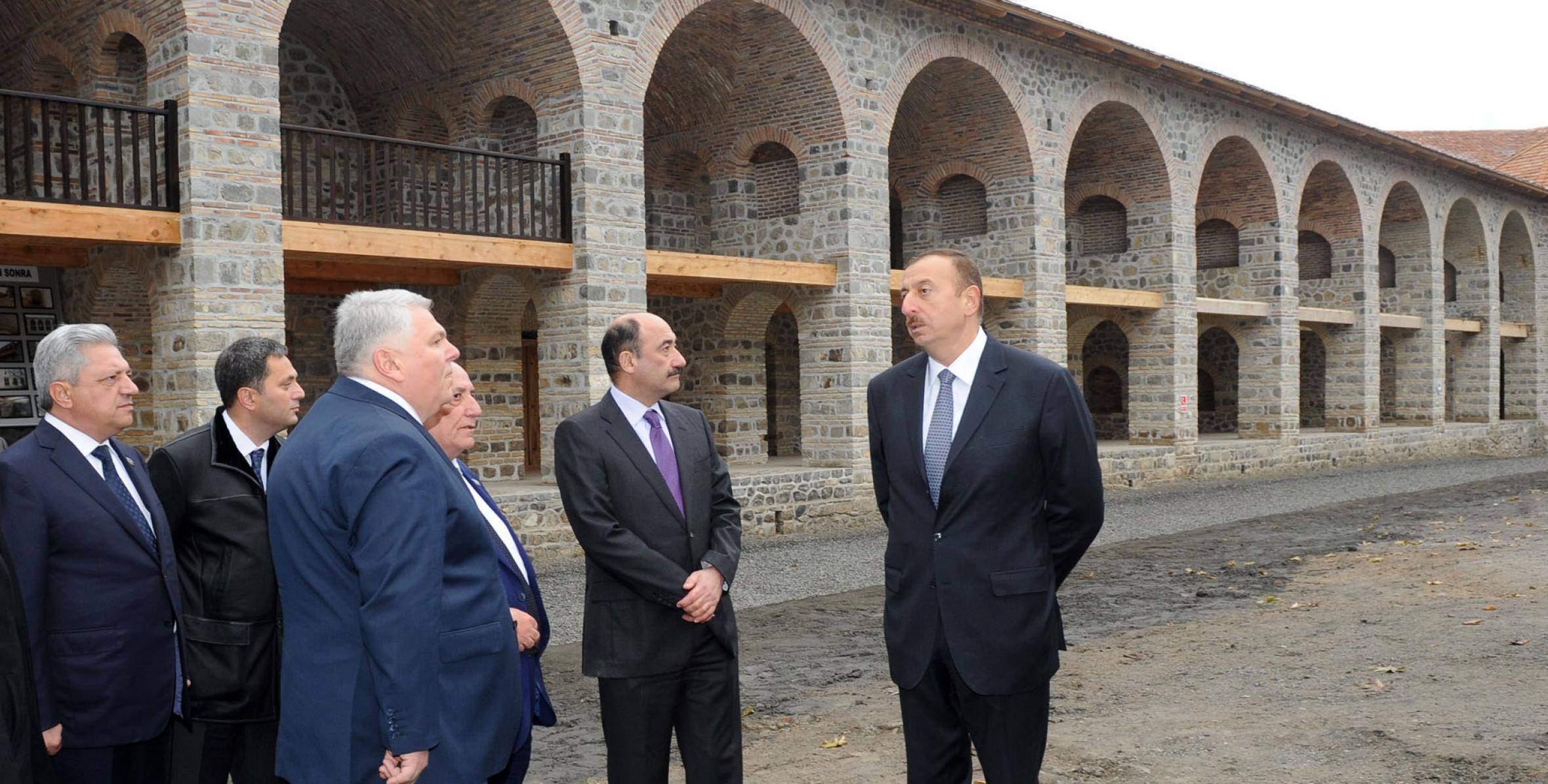 Ilham Aliyev reviewed progress of renovation and restoration at the Ashagi Karavansaray complex in Shaki