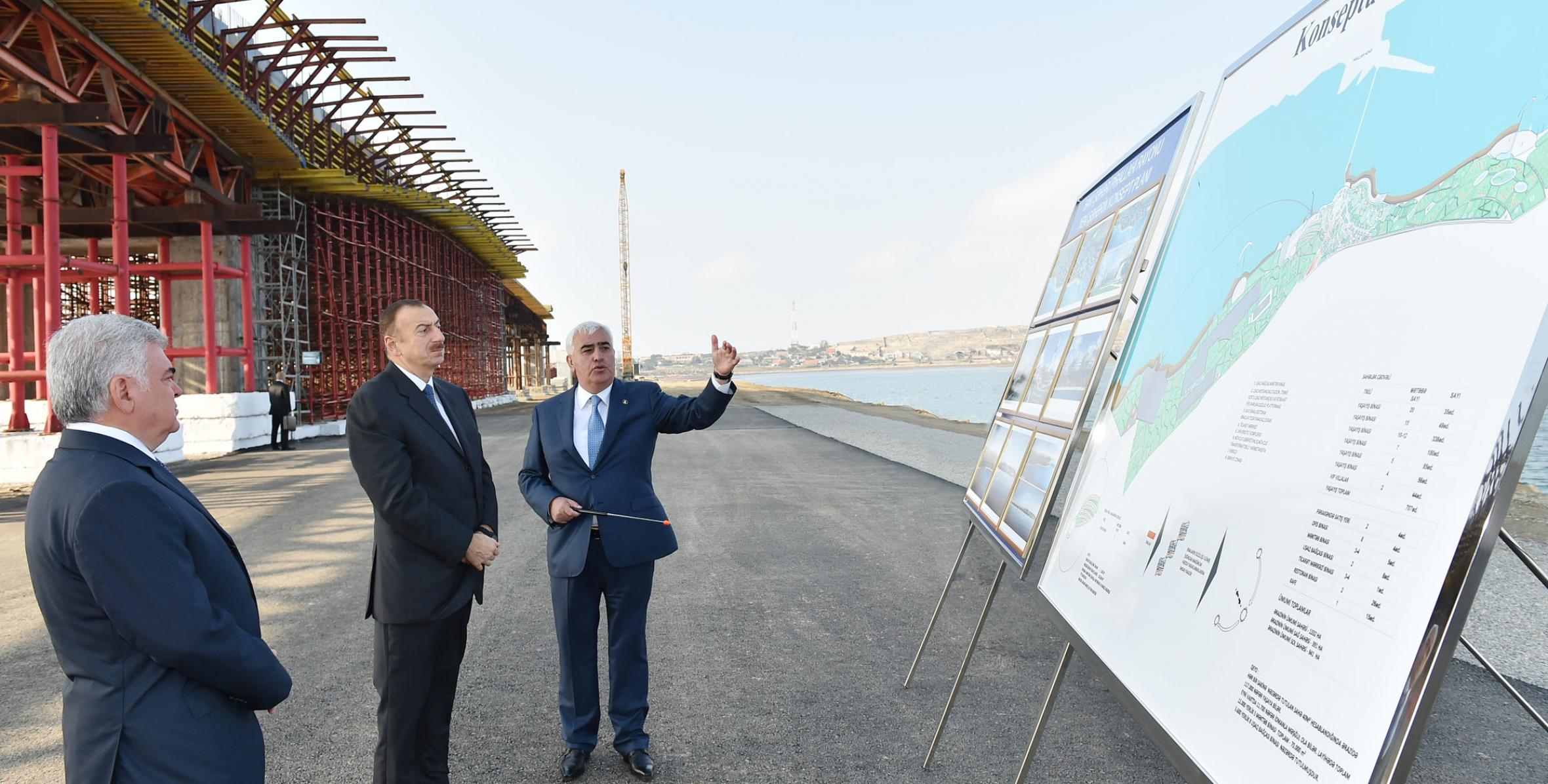 Ilham Aliyev reviewed the progress of construction at a bridge, which will link Pirallahi Island with the Absheron peninsula, and a conceptual plan of Pirallahi district