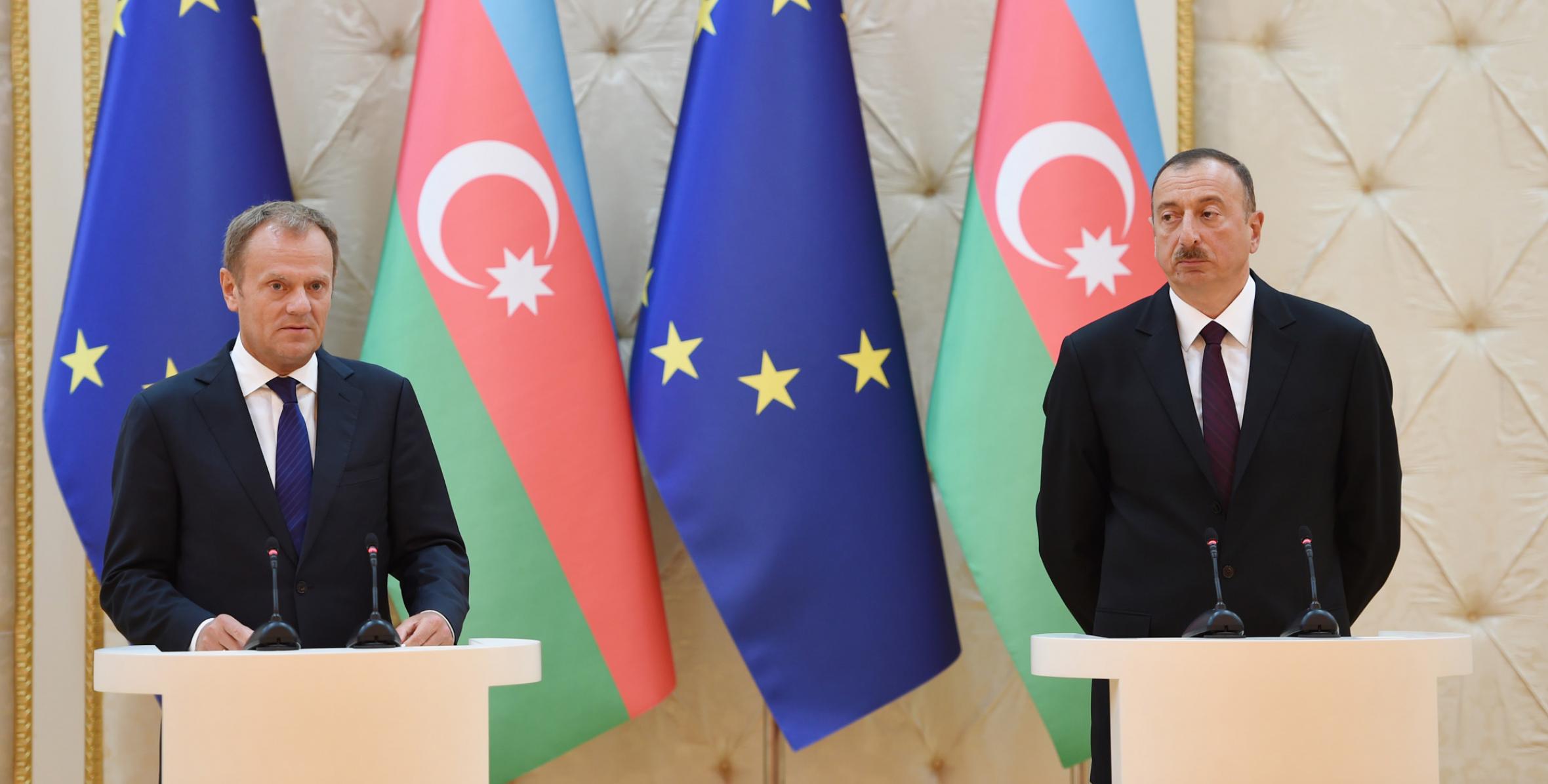 Состоялась совместная пресс-конференция Ильхама Алиева и президента Совета Европейского Союза Дональда Туска