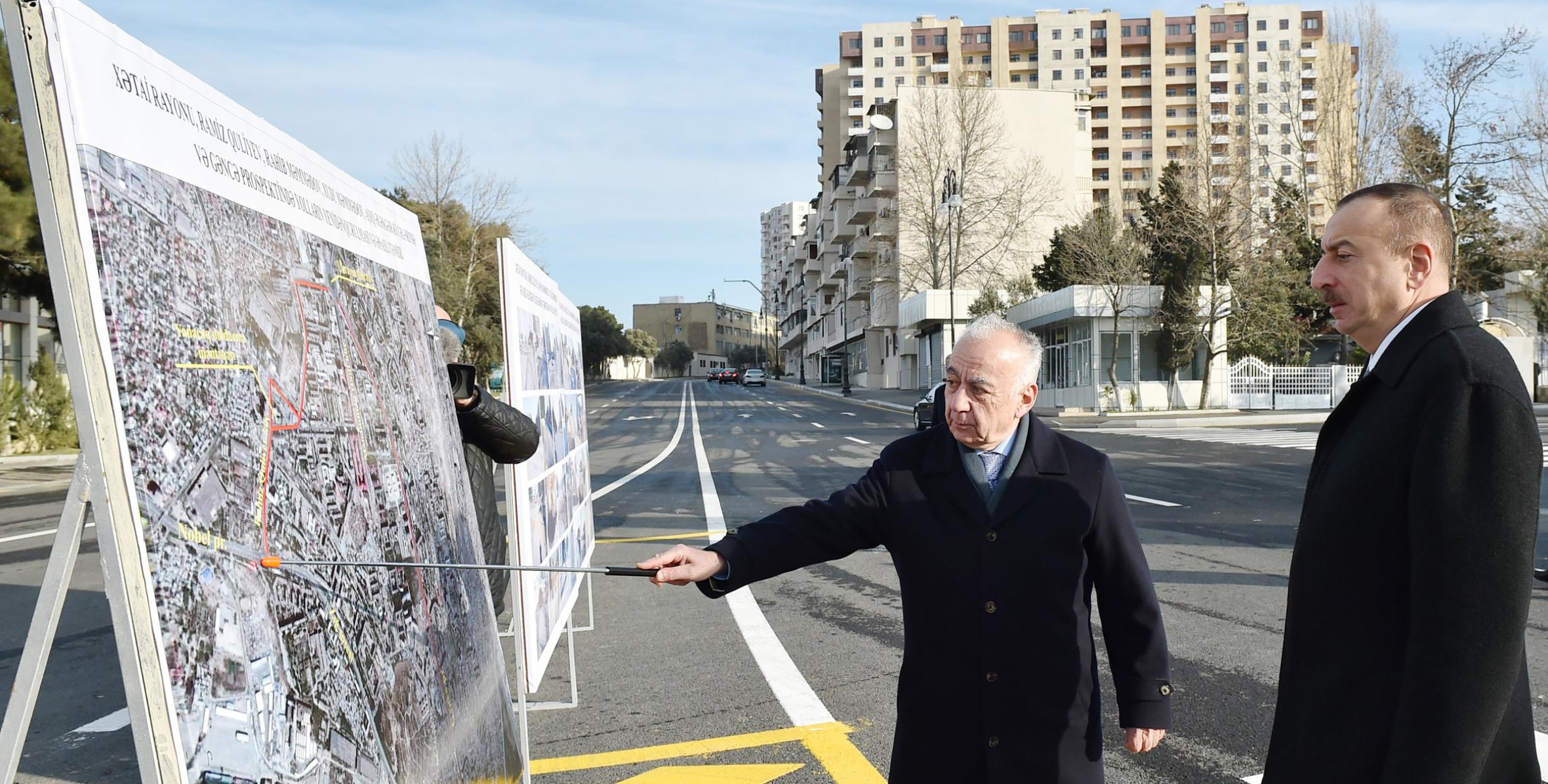 Ilham Aliyev reviewed roads in Khatai district after reconstruction