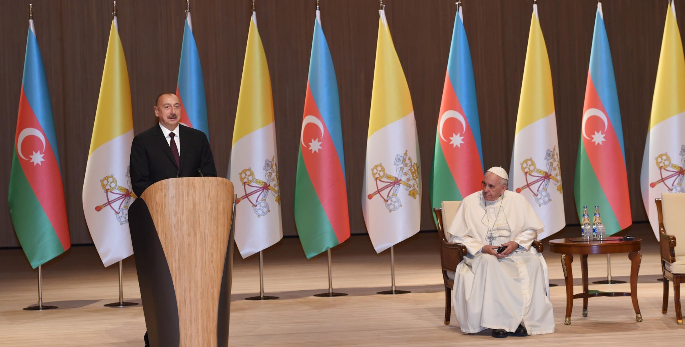 Ilham Aliyev and Pope Francis addressed representatives of general public at Heydar Aliyev Center
