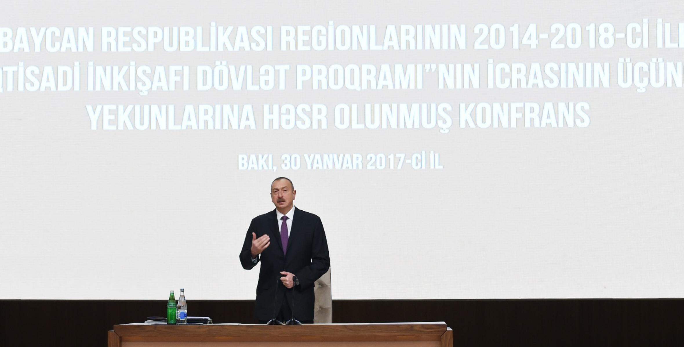 Вступительная речь Ильхама Алиева на конференции посвященной итогам третьего года реализации Государственной программы социально-экономического развития регионов в 2014-2018 годах