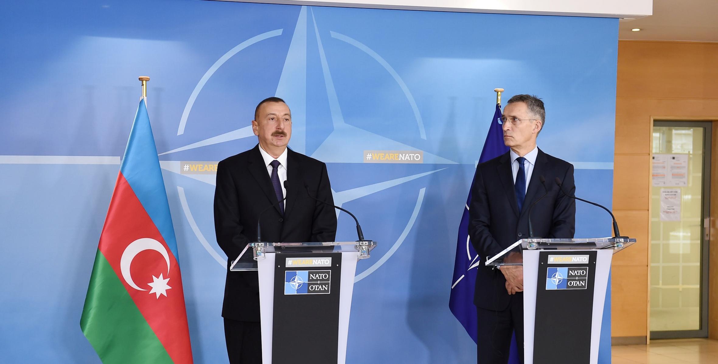 Brüsseldə İlham Əliyev və NATO-nun baş katibi Yens Stoltenberq mətbuata bəyanatla çıxış ediblər