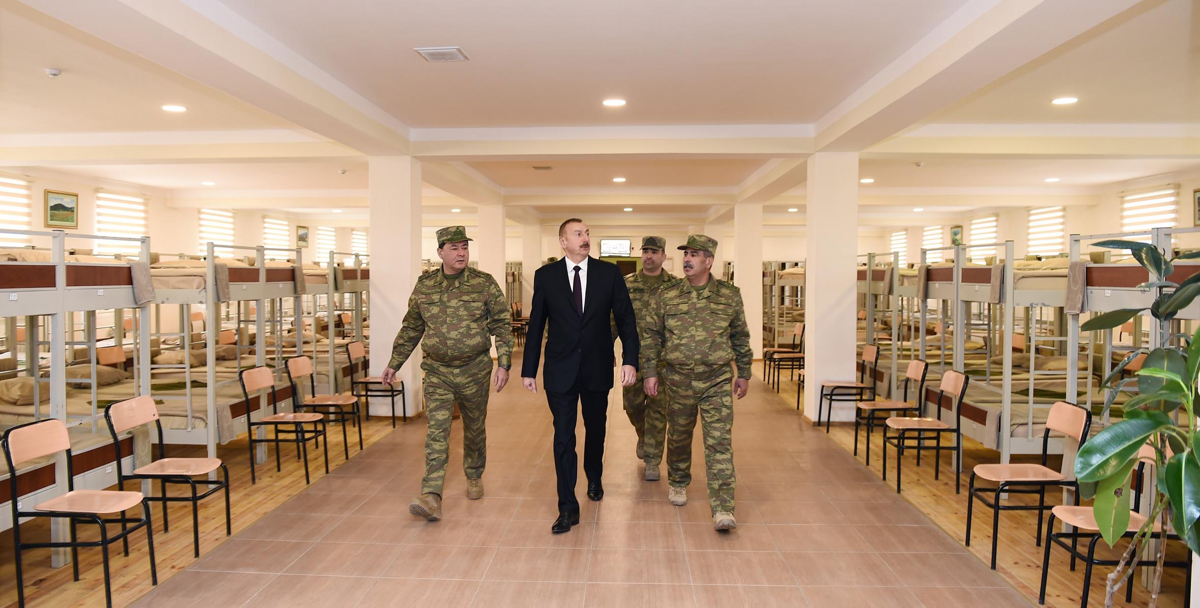 Ильхам Алиев в рамках поездки в Агджабединский район ознакомился с условиями, созданными в Н-ской воинской части Министерства обороны