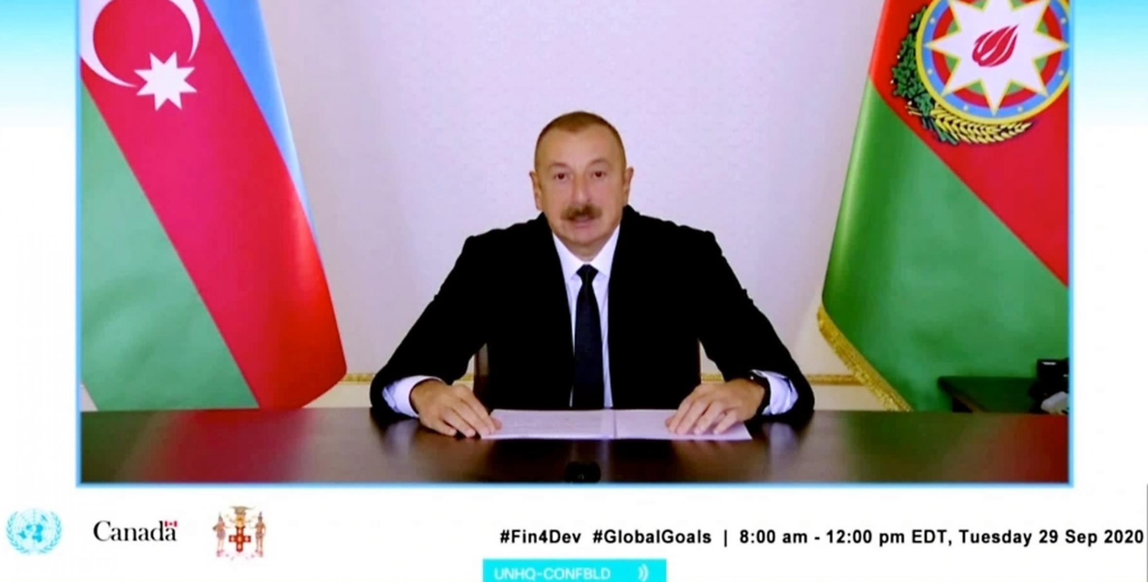Ильхам Алиев выступил в видеоформате на заседании глав государств и правительств на тему «Финансирование Повестки дня в области Целей устойчивого развития на период до 2030 года во время COVID-19 и в последующий период»