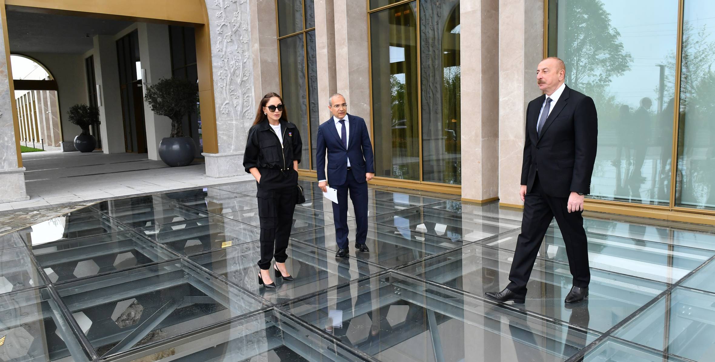 Ilham Aliyev, First Lady Mehriban Aliyeva and their family members have attended the opening of the Shusha Hotel-Congress Central Complex