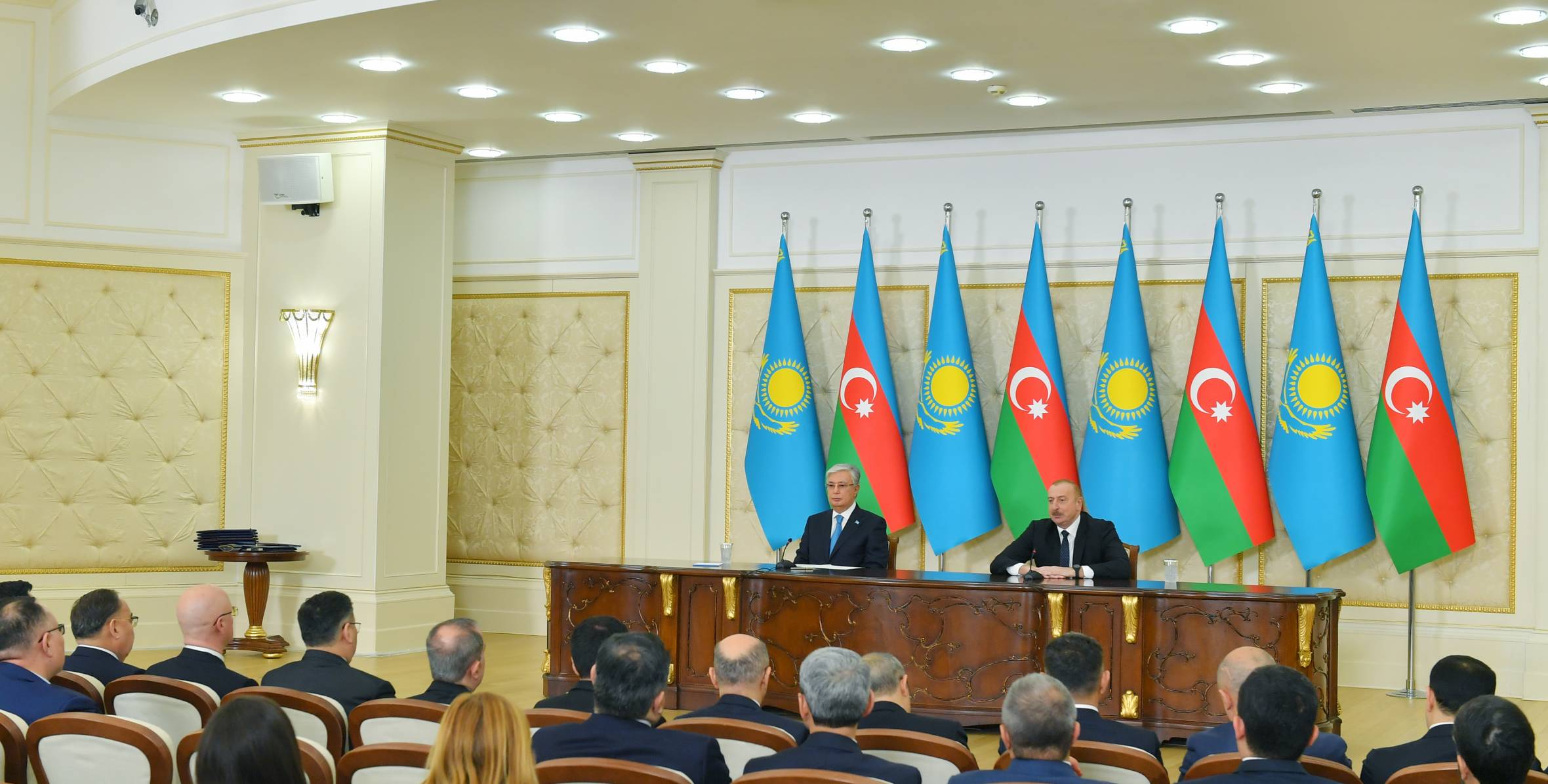 Ilham Aliyev and President Kassym-Jomart Tokayev are making press statements