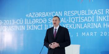 “Azərbaycan Respublikası regionlarının 2009-2013-cü illərdə sosial-iqtisadi inkişafı Dövlət Proqramı”nın icrasının ikinci ilinin yekunlarına həsr olunmuş konfransda İlham Əliyevin giriş nitqi