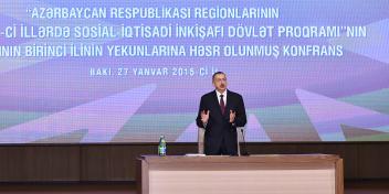 Regionların 2014-2018-ci illərdə sosial-iqtisadi inkişafı Dövlət Proqramının icrasının birinci ilinin yekunlarına həsr olunan konfransda İlham Əliyevin giriş nitqi