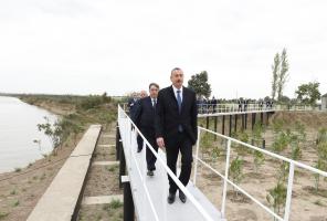 Ilham Aliyev attended ceremony to supply water to cultivated lands of Neftchala district