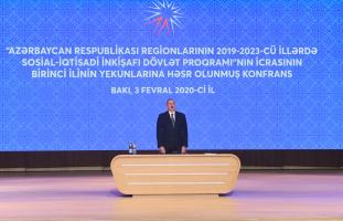 İlham Əliyev Azərbaycan Respublikası regionlarının 2019-2023-cü illərdə sosial-iqtisadi inkişafı Dövlət Proqramı”nın icrasının birinci ilinin yekunlarına həsr olunan konfransda iştirak edib