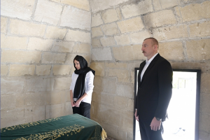 Ilham Aliyev viewed work done as part of renovation of Pirsaat Baba shrine in Shamakhi