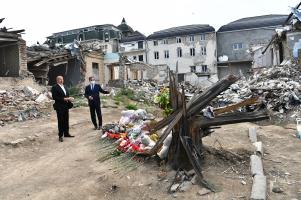 Ilham Aliyev viewed crime scenes caused by Armenia's missile attacks on Ganja