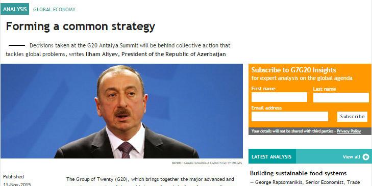 The article "Forming a common strategy" by Ilham Aliyev was published in the special edition on the G20 Leaders Summit