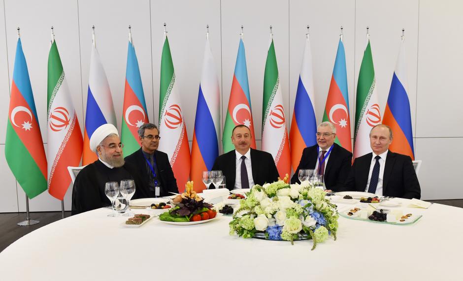 Official reception hosted on behalf of Ilham Aliyev in honor of Iranian and Russian leaders