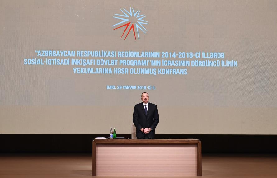 Ilham Aliyev attended conference dedicated to results of fourth year implementation of the State Program on socio-economic development of regions in 2014-2018