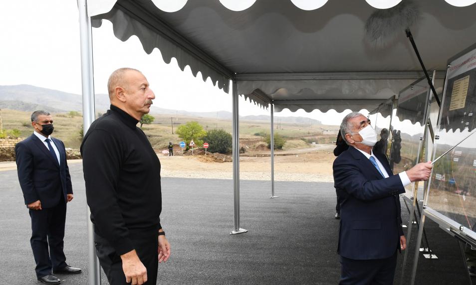 Ilham Aliyev viewed construction work on Hadrut-Jabrayil-Shukurbayli, Tugh-Hadrut and Fuzuli-Hadrut highways
