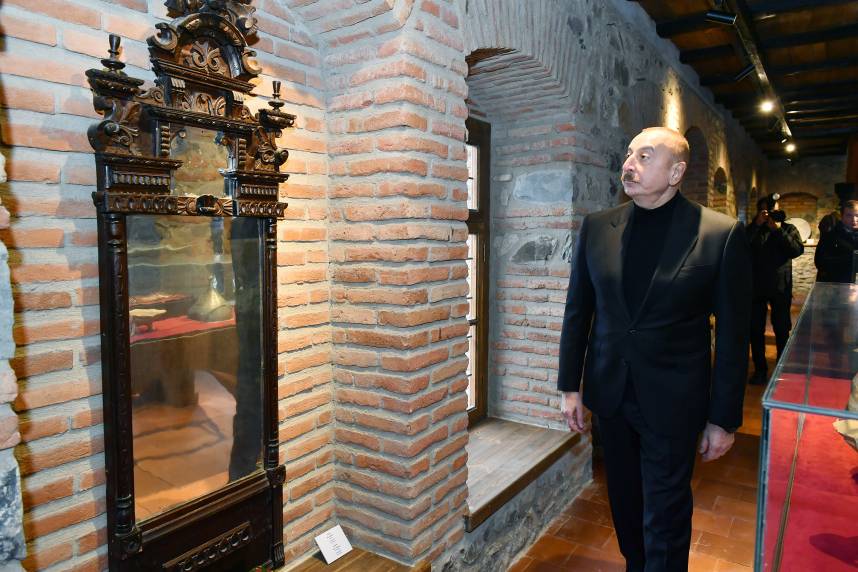 Ilham Aliyev, First Lady Mehriban Aliyeva and their daughter Leyla Aliyeva have viewed the restoration work carried out by the Heydar Aliyev Foundation at the Shaki Khan’s Mosque Complex