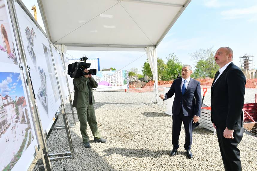 lham Aliyev lays foundation stone for non-residential building on Garabagh street in Shusha